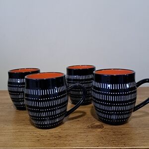 Baum Tangier Mugs Set Of 4 Navy Blue Orange White Ceramic Barrel Mug Set
